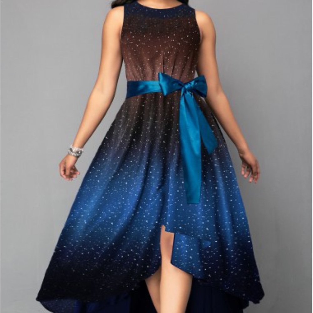 Round Neck Star Print High Low Ombré Dress
